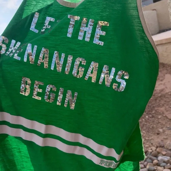 PINK Victoria's Secret Green and White Racerback Tank st patty - Picture 2 of 4